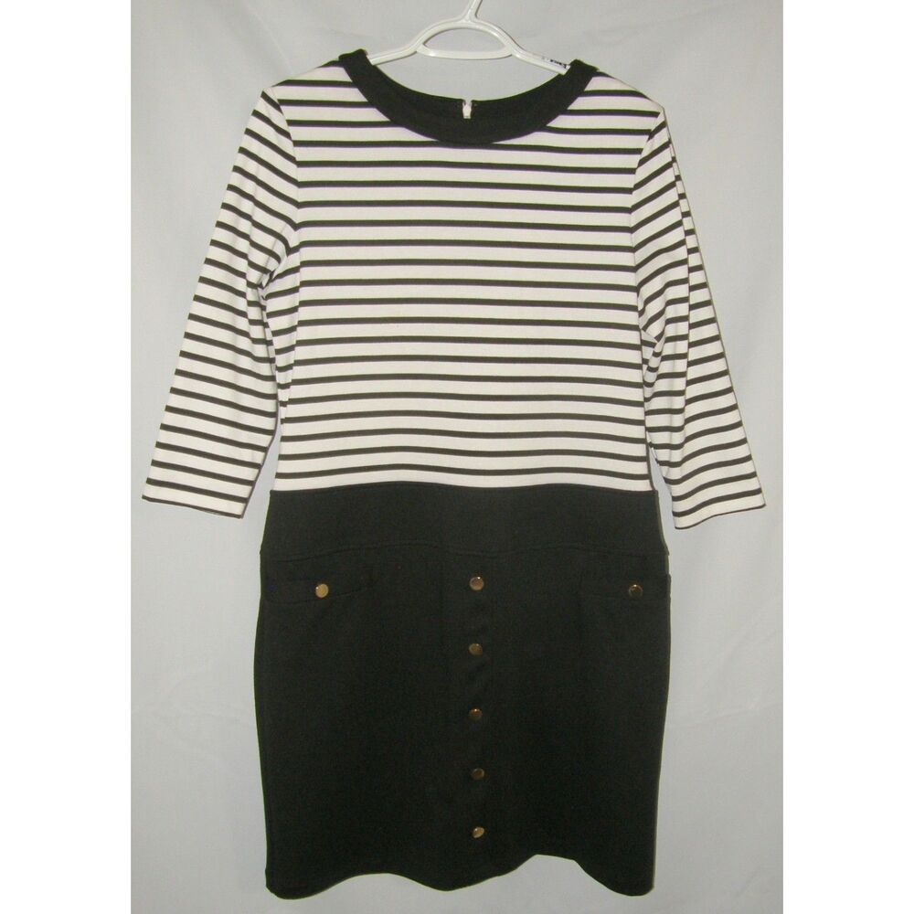 Black & White Striped Sz 12 Church Office Knee Length Sheath Dress SANDRA DARREN